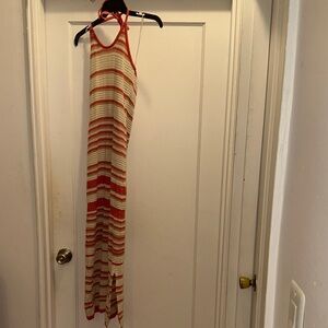 Chic Halter Knit Long Dress in Coral, tan and Cream - Preloved